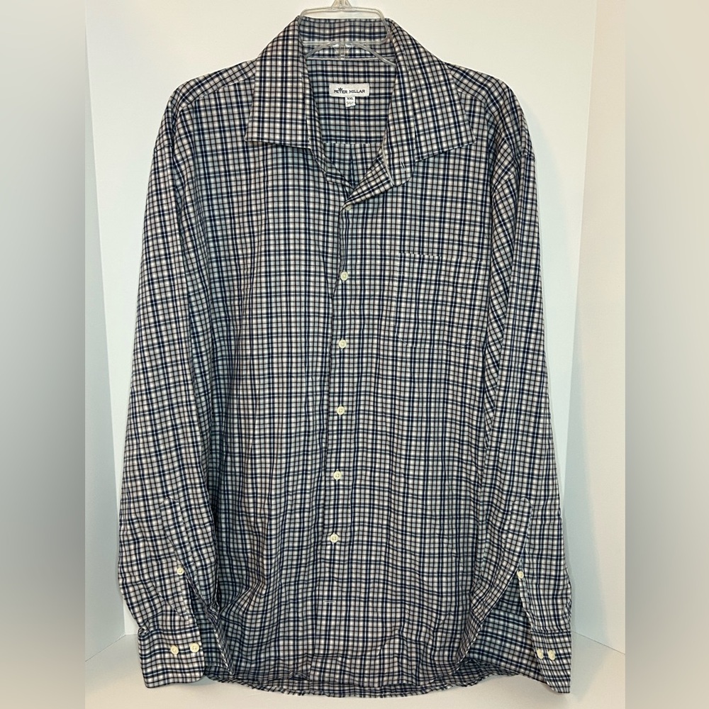 Peter Millar mens blue white brown plaid long sleeve button‎ down shirt size XXL